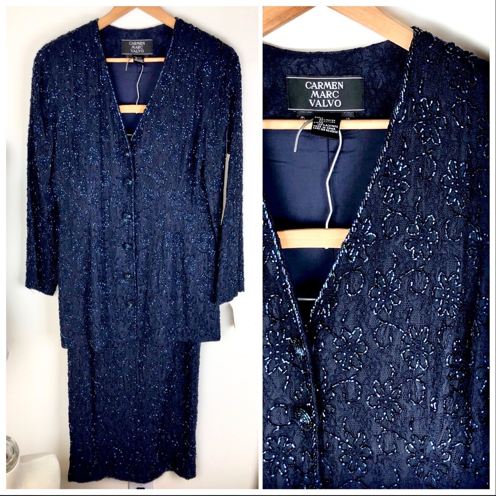 Carmen Marc Valvo Skirt Suit Set Beaded Floral